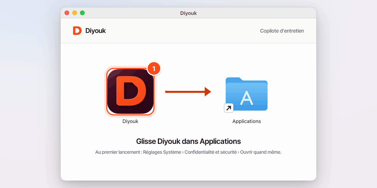 La fenêtre du fichier téléchargé : l'icône de Diyouk, entourée en orange, une flèche vers le dossier Applications, et « Glisse Diyouk dans Applications ».