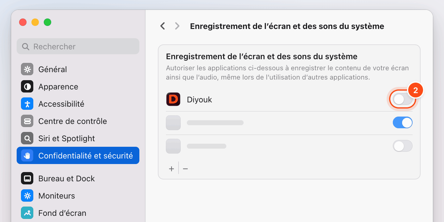 Réglages Système, Confidentialité et sécurité, « Enregistrement de l'écran et des sons du système » : l'interrupteur à côté de Diyouk est entouré en orange.
