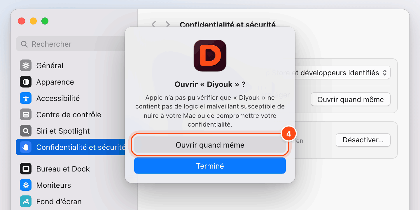 La fenêtre de macOS « Ouvrir “Diyouk” ? » : le bouton Ouvrir quand même est entouré en orange, au-dessus de Terminé.