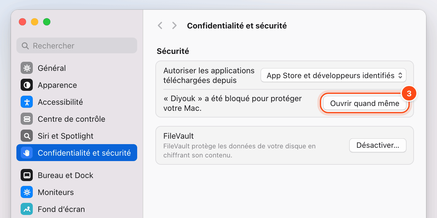 Réglages Système, Confidentialité et sécurité, partie Sécurité : à côté du message qui cite Diyouk, le bouton Ouvrir quand même est entouré en orange.