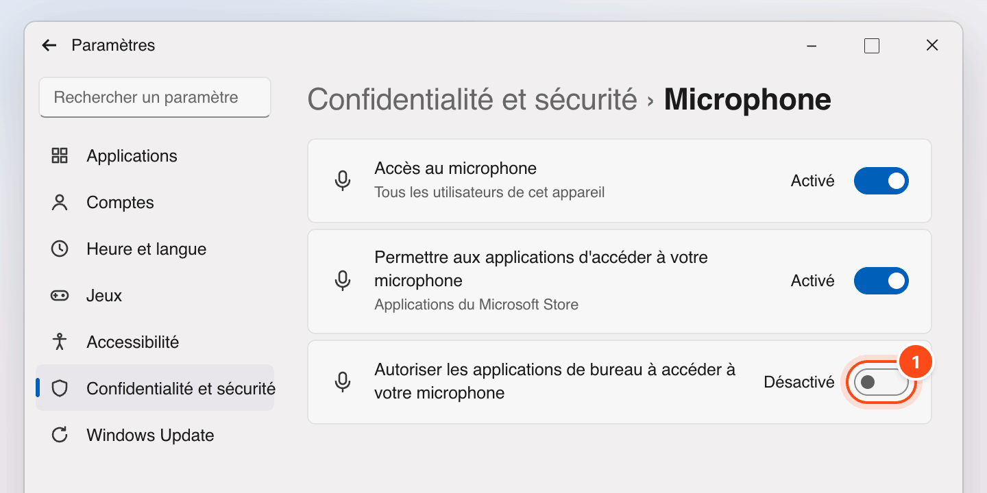 Paramètres de Windows 11, Confidentialité et sécurité, Microphone : l'interrupteur « Autoriser les applications de bureau à accéder à votre microphone » est entouré en orange.